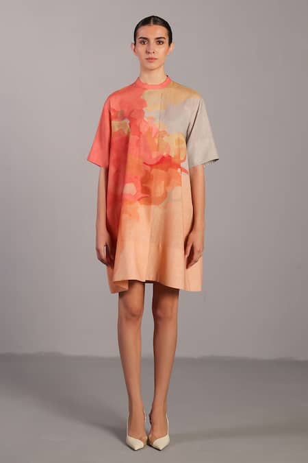 Clos Peach Round Neck And Grey Korean Linen Dress 