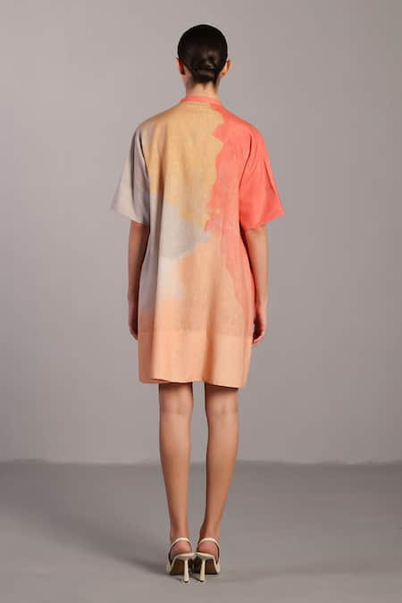 Shop Clos Peach Round Neck And Grey Korean Linen Dress at Aza Fashions Shop_Clos_Peach Round Neck And Grey Korean Linen Dress _at_Aza_Fashions