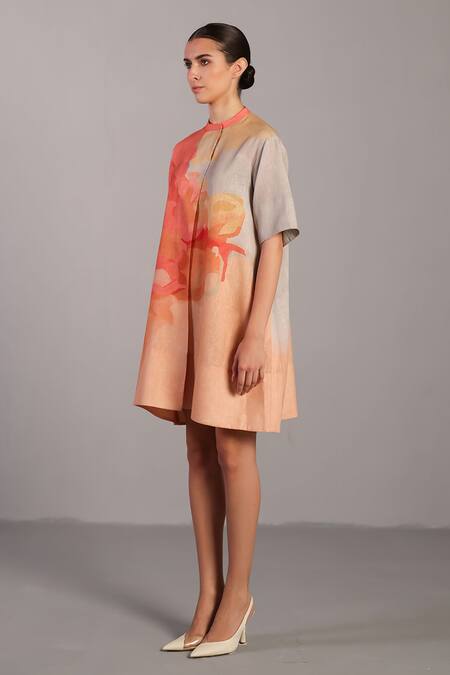 Clos Peach Round Neck And Grey Korean Linen Dress Online at Aza Fashions Clos_Peach Round Neck And Grey Korean Linen Dress _Online_at_Aza_Fashions