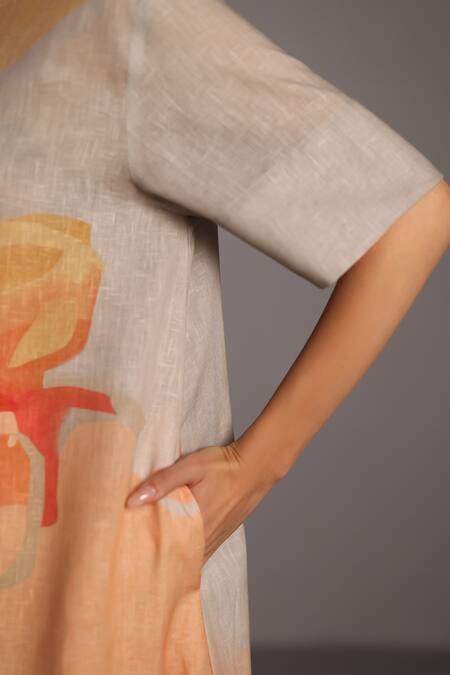 Buy Clos Peach Round Neck And Grey Korean Linen Dress Online at Aza Fashions Buy_Clos_Peach Round Neck And Grey Korean Linen Dress _Online_at_Aza_Fashions