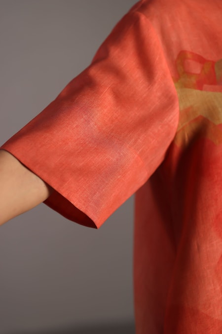 Shop Clos Peach Round Neck And Grey Korean Linen Dress Online at Aza Fashions Shop_Clos_Peach Round Neck And Grey Korean Linen Dress _Online_at_Aza_Fashions