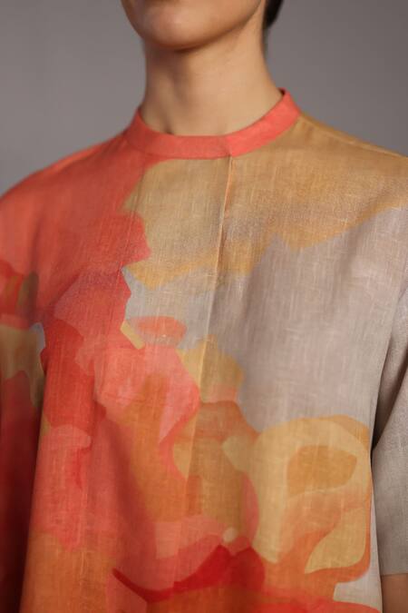 Clos Peach Round Neck And Grey Korean Linen Dress at Aza Fashions Clos_Peach Round Neck And Grey Korean Linen Dress _at_Aza_Fashions