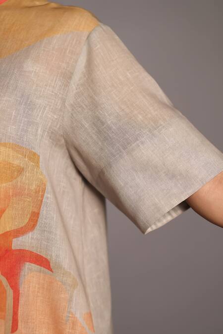 Buy Clos Peach Round Neck And Grey Korean Linen Dress Buy_Clos_Peach Round Neck And Grey Korean Linen Dress