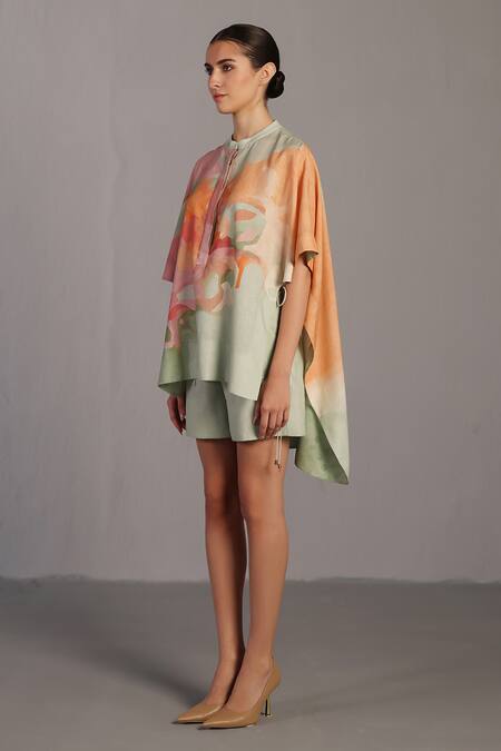 Clos_Pink Mandarin Collar Soft And Pastel Green Kaftan Top & Shorts _Online_at_Aza_Fashions