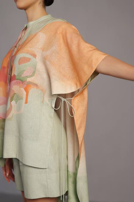 Buy_Clos_Pink Mandarin Collar Soft And Pastel Green Kaftan Top & Shorts _Online_at_Aza_Fashions