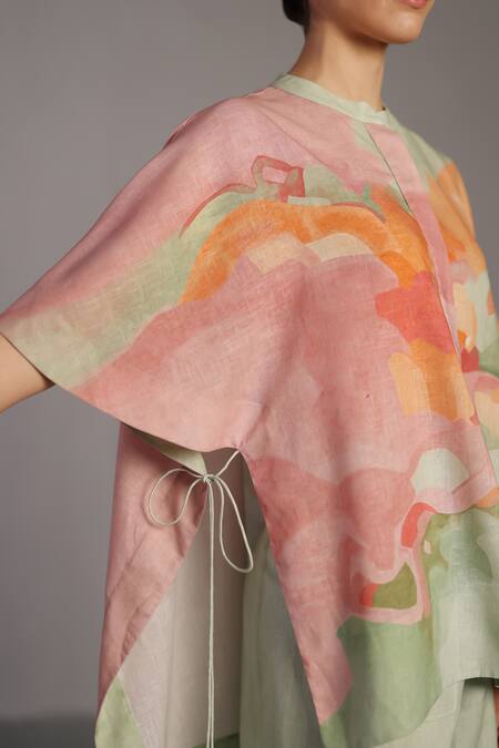 Shop_Clos_Pink Mandarin Collar Soft And Pastel Green Kaftan Top & Shorts _Online_at_Aza_Fashions