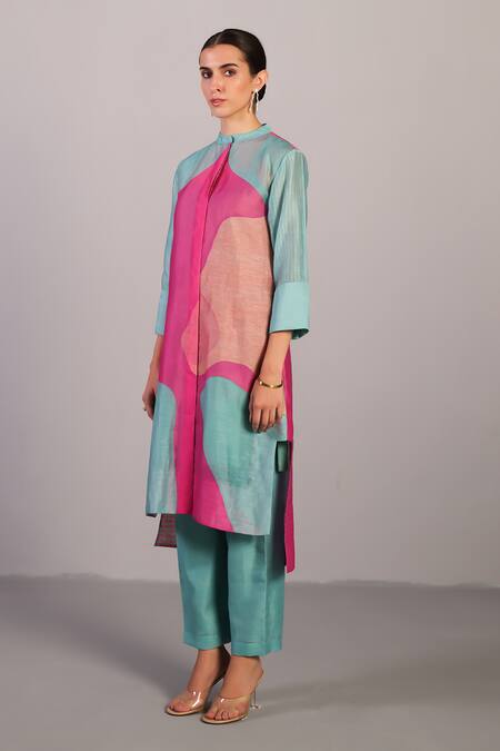 Clos Pink Linen, Silk Mandarin Collar Designer And Blue Kurta Set Online at Aza Fashions Clos_Pink Linen, Silk Mandarin Collar Designer And Blue Kurta Set _Online_at_Aza_Fashions