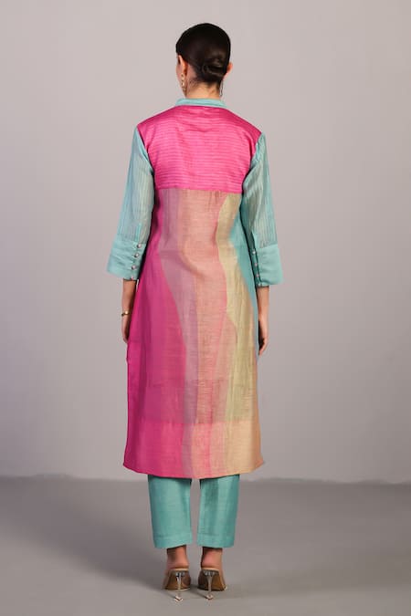 Shop Clos Pink Linen, Silk Mandarin Collar Designer And Blue Kurta Set at Aza Fashions Shop_Clos_Pink Linen, Silk Mandarin Collar Designer And Blue Kurta Set _at_Aza_Fashions