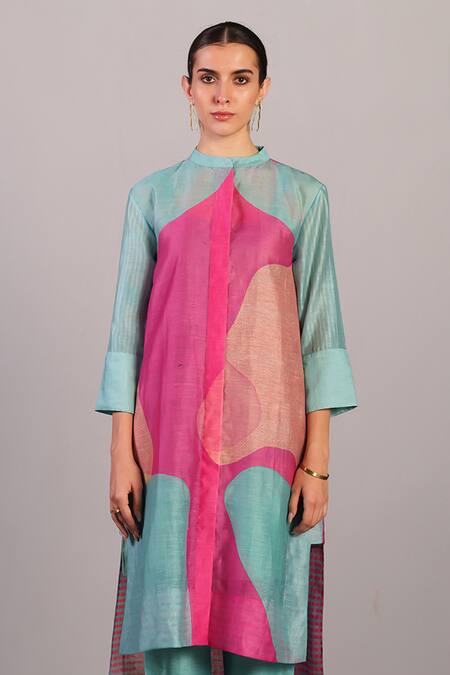 Shop Clos Pink Linen, Silk Mandarin Collar Designer And Blue Kurta Set Online at Aza Fashions Shop_Clos_Pink Linen, Silk Mandarin Collar Designer And Blue Kurta Set _Online_at_Aza_Fashions