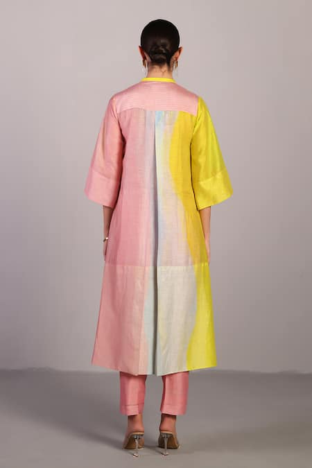 Clos Soft Pink & Bright Yellow Kurta Pant Set 