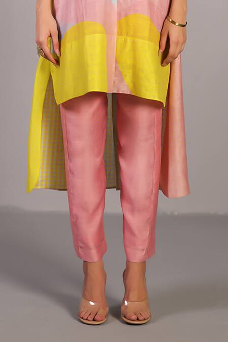 Clos_Pink Linen, Silk Round Neck Soft And Bright Yellow Kurta Pant Set _Online_at_Aza_Fashions