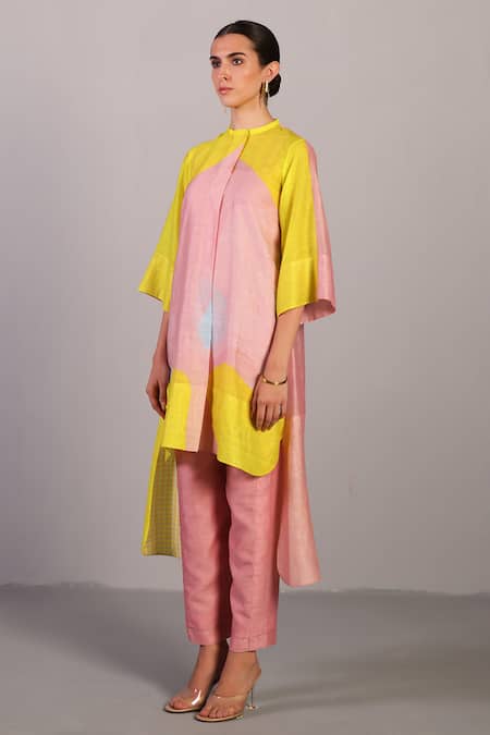 Buy_Clos_Pink Linen, Silk Round Neck Soft And Bright Yellow Kurta Pant Set _Online_at_Aza_Fashions