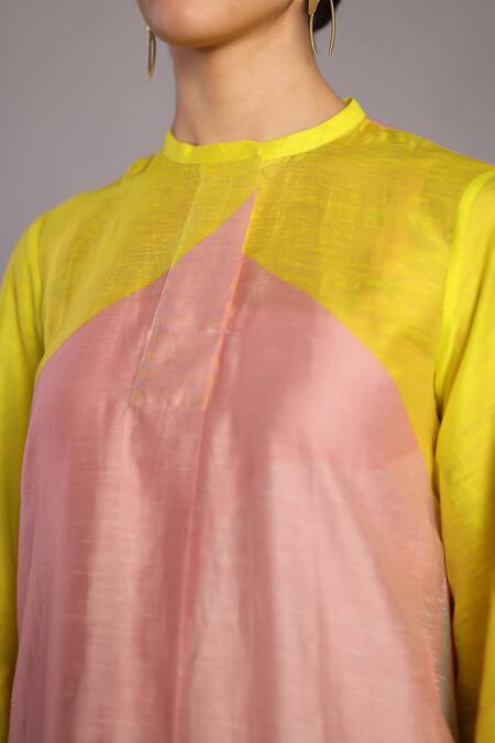 Shop_Clos_Pink Linen, Silk Round Neck Soft And Bright Yellow Kurta Pant Set _Online_at_Aza_Fashions