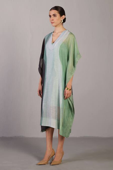 Clos_Black Linen, Silk V-neck Designer Kaftan _Online_at_Aza_Fashions