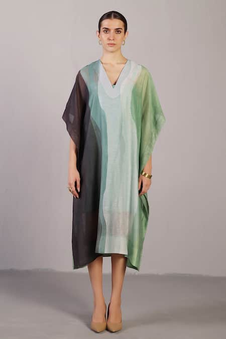 Clos Black Linen, Silk V-neck Designer Kaftan 