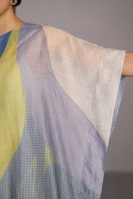 Clos Blue Linen, Silk Round Neck Abstract Print Kaftan And Pant Set Online at Aza Fashions Clos_Blue Linen, Silk Round Neck Abstract Print Kaftan And Pant Set _Online_at_Aza_Fashions