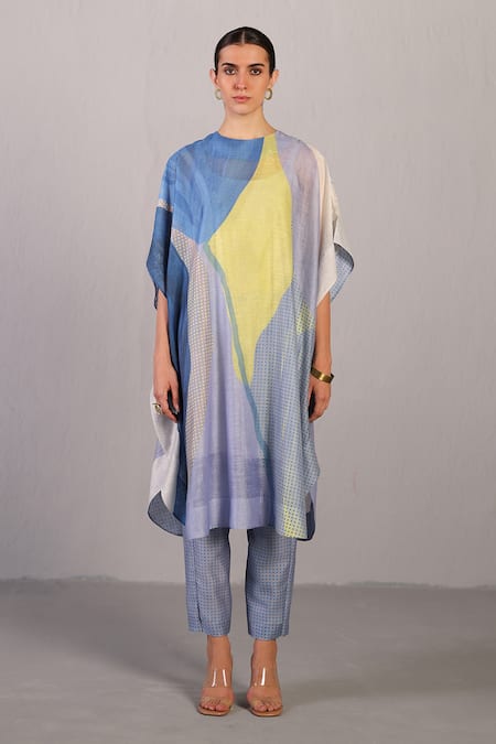 Clos Blue Linen, Silk Round Neck Abstract Print Kaftan And Pant Set 