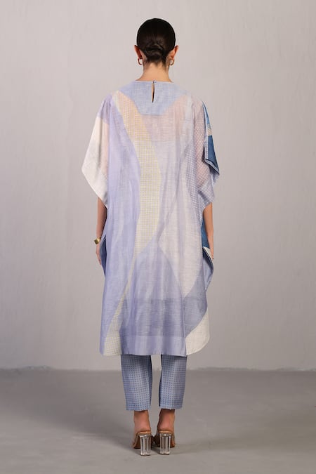 Shop Clos Blue Linen, Silk Round Neck Abstract Print Kaftan And Pant Set at Aza Fashions Shop_Clos_Blue Linen, Silk Round Neck Abstract Print Kaftan And Pant Set _at_Aza_Fashions