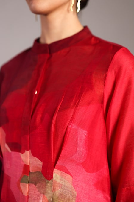 Clos_Fuchsia Linen, Silk Mandarin Collar Pink Designer Dress _Online_at_Aza_Fashions