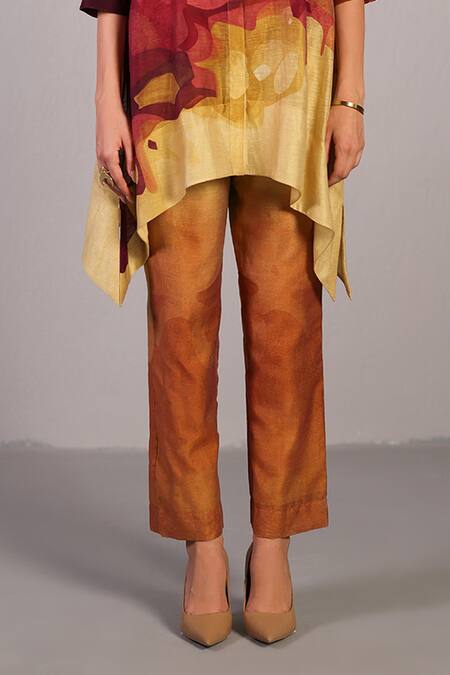 Clos_Wine Linen, Silk Mandarin Collar Designer And Cream Kurta Pant Set _Online_at_Aza_Fashions