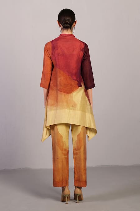 Shop_Clos_Wine Linen, Silk Mandarin Collar Designer And Cream Kurta Pant Set _at_Aza_Fashions