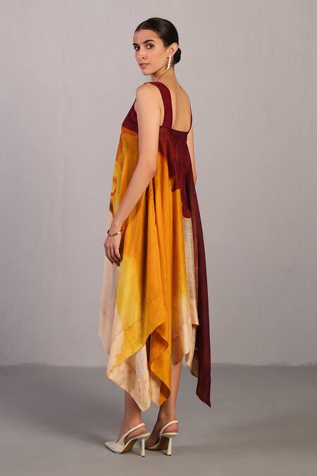 Clos_Wine Linen, Silk V-neck And Cream Asymmetric Designer Dress _Online_at_Aza_Fashions