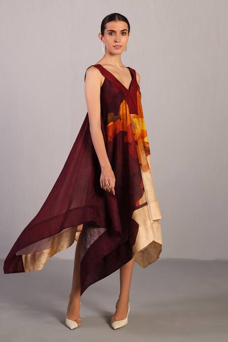 Buy_Clos_Wine Linen, Silk V-neck And Cream Asymmetric Designer Dress _Online_at_Aza_Fashions