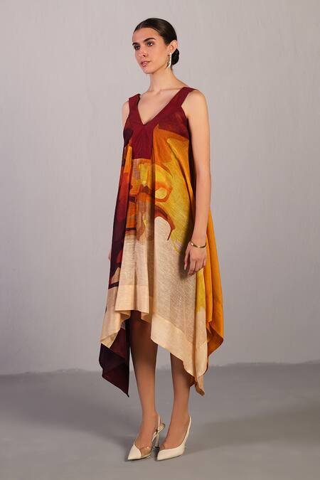 Shop_Clos_Wine Linen, Silk V-neck And Cream Asymmetric Designer Dress _Online_at_Aza_Fashions