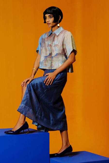 Clos Blue Linen, Silk Collared Pastel And Green Designer Shirt Skirt Set Online at Aza Fashions Clos_Blue Linen, Silk Collared Pastel And Green Designer Shirt Skirt Set _Online_at_Aza_Fashions