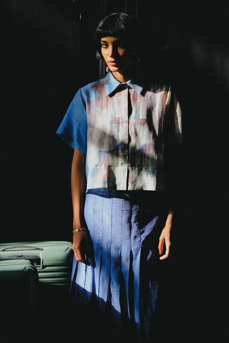 Shop Clos Blue Linen, Silk Collared Pastel And Green Designer Shirt Skirt Set Online at Aza Fashions Shop_Clos_Blue Linen, Silk Collared Pastel And Green Designer Shirt Skirt Set _Online_at_Aza_Fashions