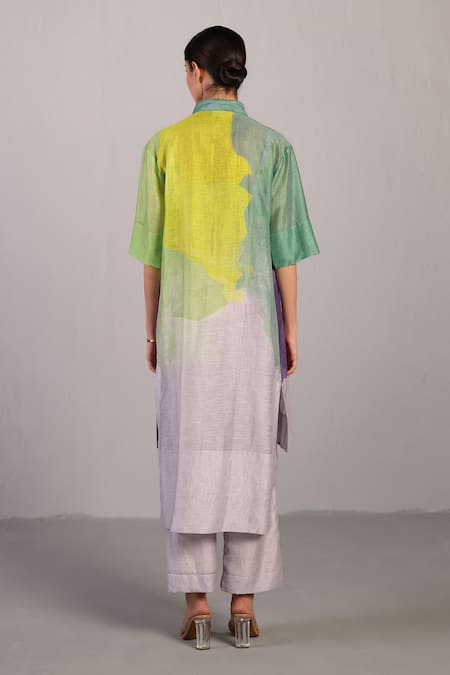 Shop_Clos_Green Linen, Silk Collared Designer Kurta And Pant Set _at_Aza_Fashions
