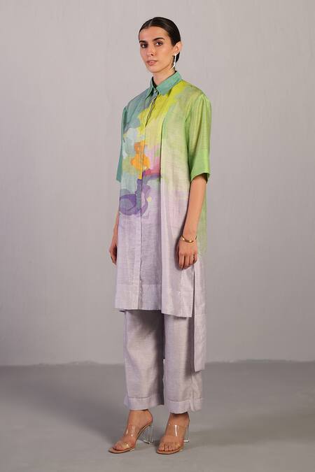 Buy_Clos_Green Linen, Silk Collared Designer Kurta And Pant Set _Online_at_Aza_Fashions