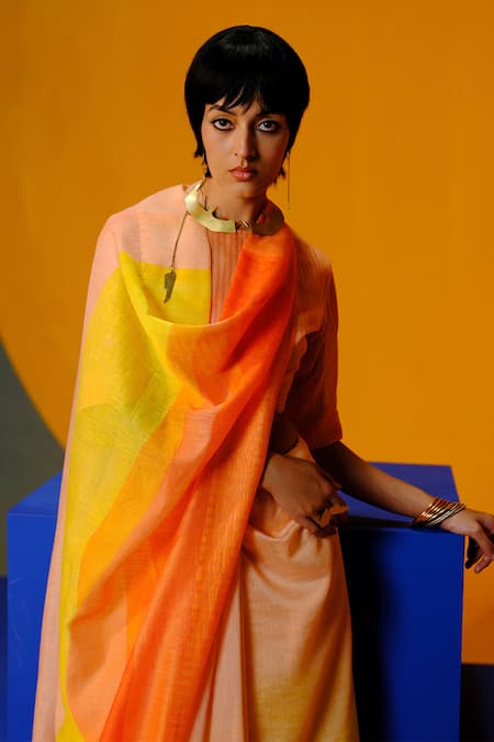 Clos Orange Linen Round Neck Bright And Yellow Silk Saree Set Online at Aza Fashions Clos_Orange Linen Round Neck Bright And Yellow Silk Saree Set _Online_at_Aza_Fashions