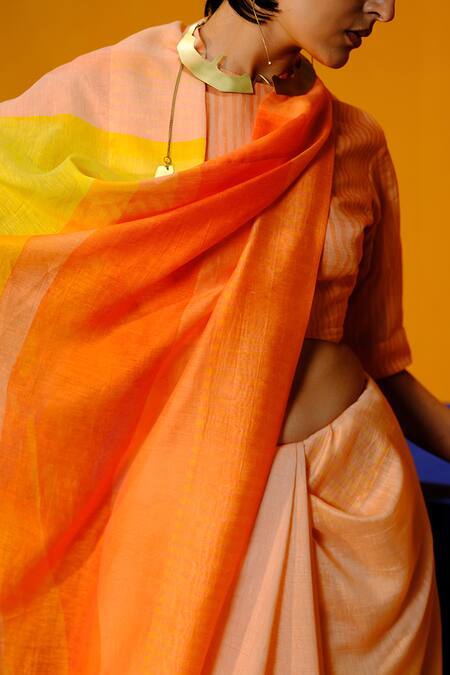 Buy Clos Orange Linen Round Neck Bright And Yellow Silk Saree Set Online at Aza Fashions Buy_Clos_Orange Linen Round Neck Bright And Yellow Silk Saree Set _Online_at_Aza_Fashions