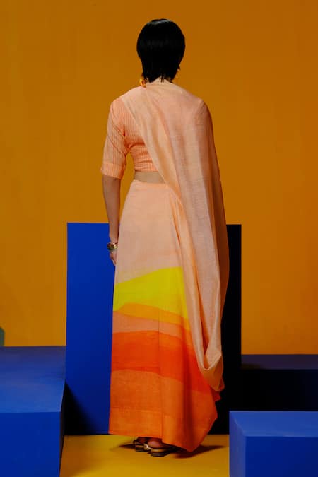 Shop Clos Orange Linen Round Neck Bright And Yellow Silk Saree Set at Aza Fashions Shop_Clos_Orange Linen Round Neck Bright And Yellow Silk Saree Set _at_Aza_Fashions