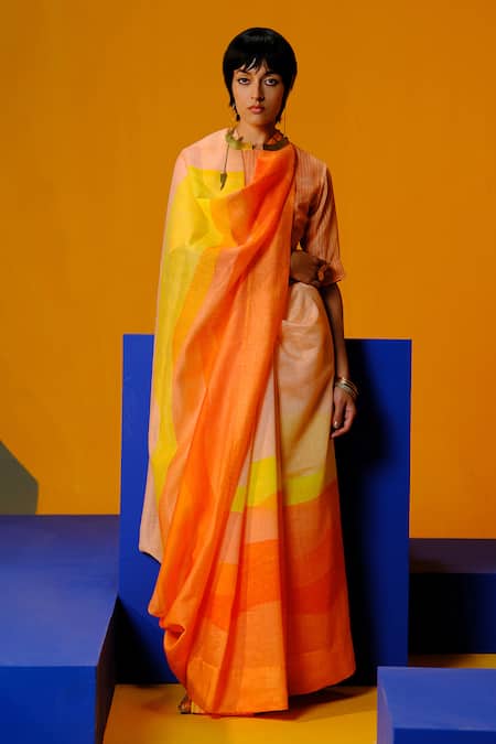 Shop Clos Orange Linen Round Neck Bright And Yellow Silk Saree Set Online at Aza Fashions Shop_Clos_Orange Linen Round Neck Bright And Yellow Silk Saree Set _Online_at_Aza_Fashions