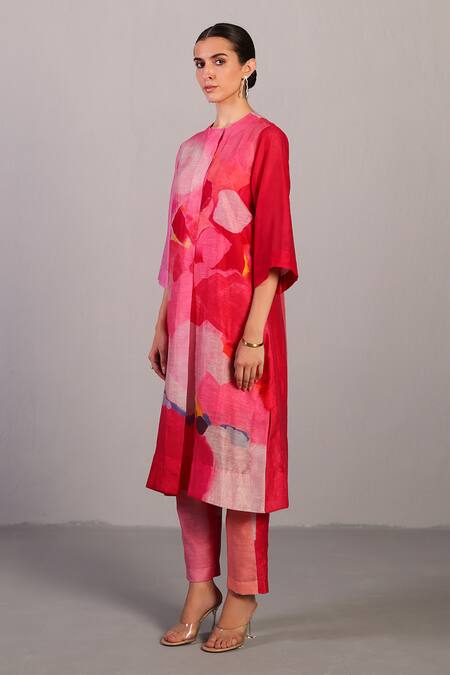 Shop_Clos_Pink Linen, Silk Round Neck Blush Abstract Print Kurta And Pant Set _Online_at_Aza_Fashions