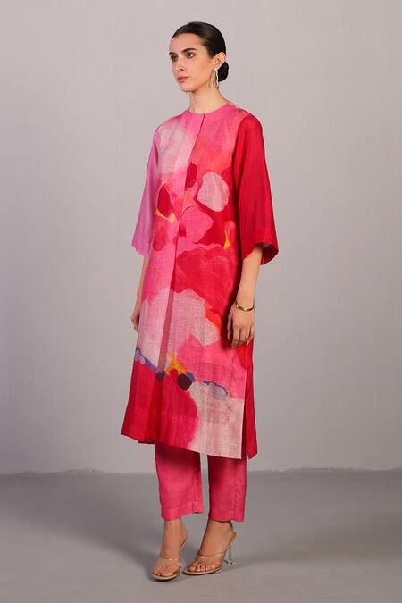 Shop_Clos_Pink Linen, Silk Round Neck Blush Abstract Print Kurta And Pant Set 