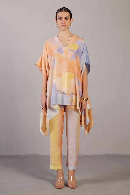 Clos Orange Linen, Silk Split V-neck Soft Blue And Designer Kurta Pant Set 