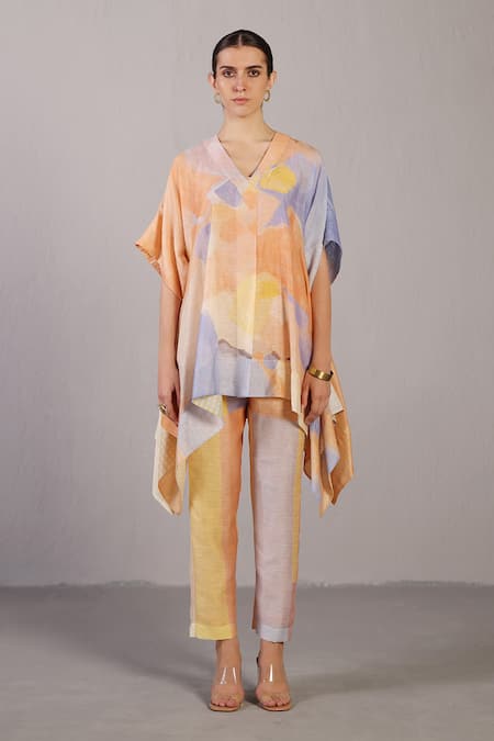 Clos_Orange Linen, Silk Split V-neck Soft Blue And Designer Kurta Pant Set _Online_at_Aza_Fashions