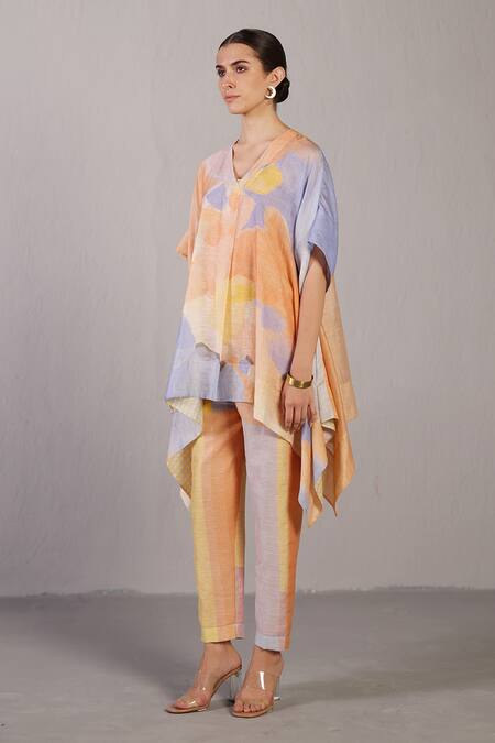 Buy_Clos_Orange Linen, Silk Split V-neck Soft Blue And Designer Kurta Pant Set _Online_at_Aza_Fashions