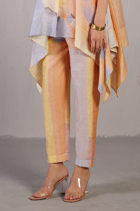 Shop_Clos_Orange Linen, Silk Split V-neck Soft Blue And Designer Kurta Pant Set _Online_at_Aza_Fashions