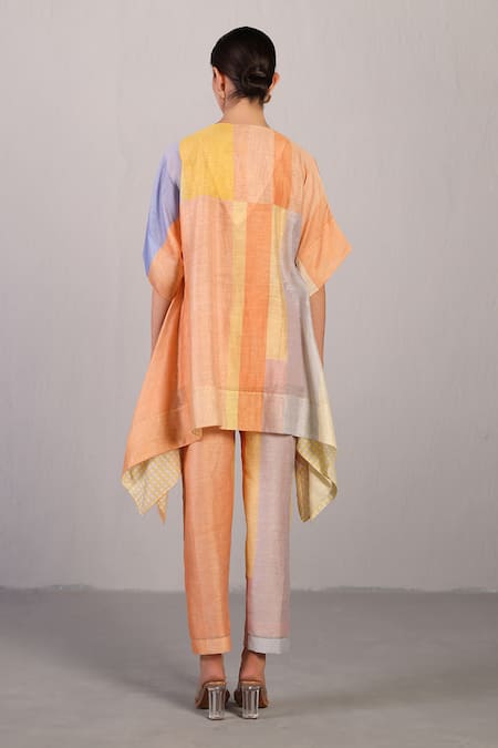 Shop_Clos_Orange Linen, Silk Split V-neck Soft Blue And Designer Kurta Pant Set _at_Aza_Fashions