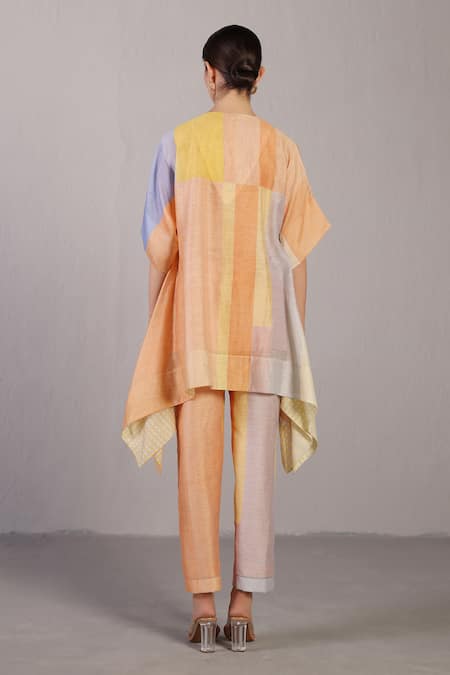 Clos_Orange Linen, Silk Split V-neck Soft Blue And Designer Kurta Pant Set _at_Aza_Fashions