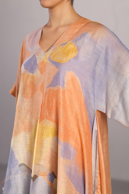 Buy_Clos_Orange Linen, Silk Split V-neck Soft Blue And Designer Kurta Pant Set 