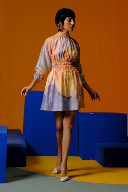 Clos_Blue Linen, Silk Round Neck Soft And Orange Designer Dress _Online_at_Aza_Fashions