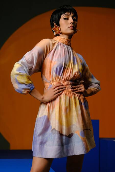 Buy_Clos_Blue Linen, Silk Round Neck Soft And Orange Designer Dress _Online_at_Aza_Fashions