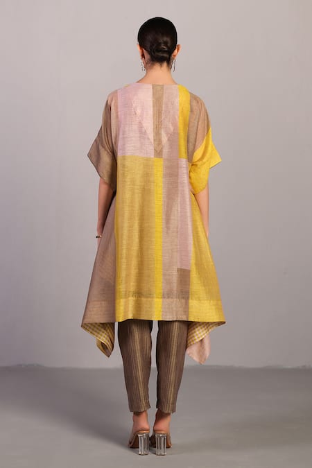Shop_Clos_Beige Linen, Silk V-neck Designer Smoky And Yellow Kurta Set _at_Aza_Fashions