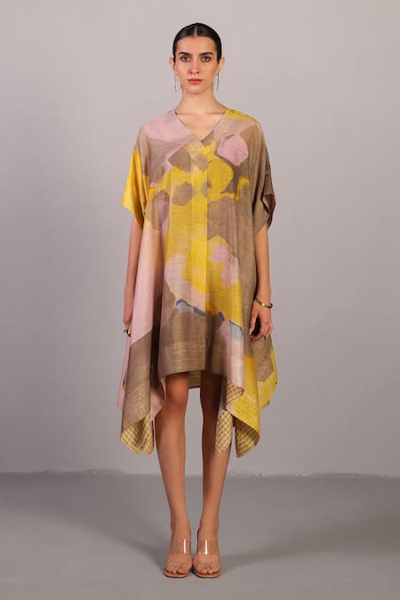 Clos Beige Linen, Silk V-neck Designer Smoky And Yellow Kurta Set