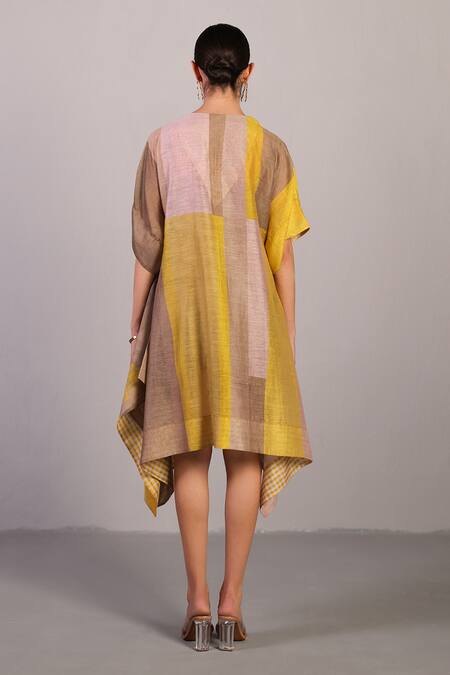 Shop_Clos_Beige Linen, Silk V-neck Designer Smoky And Yellow Kurta Set _Online_at_Aza_Fashions